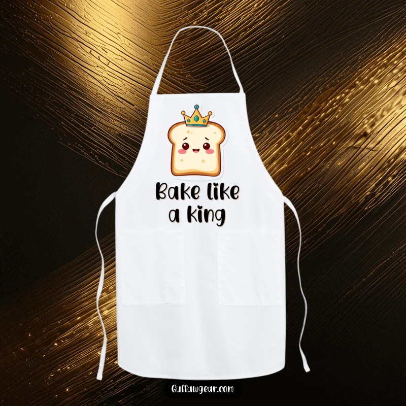 Funny apron with a delighted slice of bread character wearing a tiny crown, adding a humorous and royal touch to cooking.