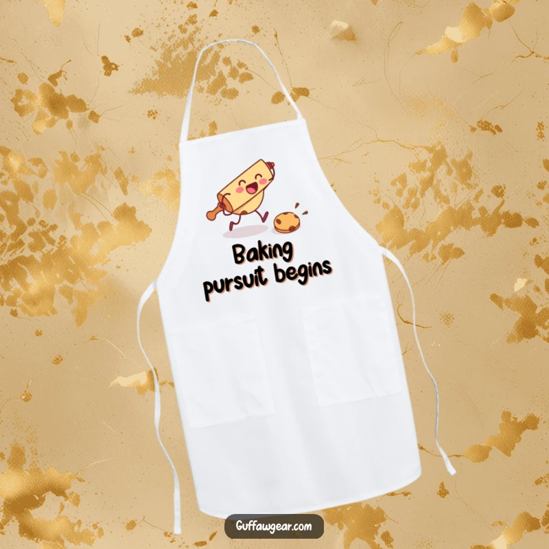 Funny apron with a rolling pin character chasing a cookie, perfect for kitchen antics and baking humor.