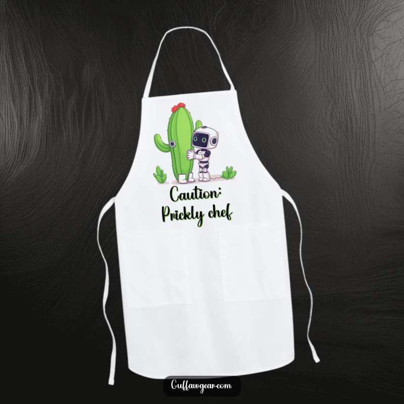Funny apron illustrating a tiny robot enthusiastically trying to embrace a very large, spiky cactus, a comical kitchen companion.