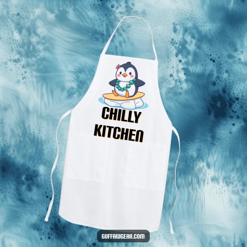 Funny Penguin Surf Apron: A penguin with a lei comically slides down an ice floe, perfect for humorous cooks protecting their clothes.