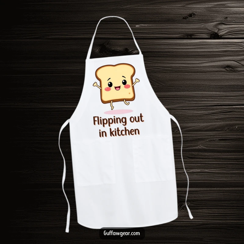 Funny slice of toast with legs doing a frantic dance on a cooking apron, ready to bring energetic fun to meal preparation.