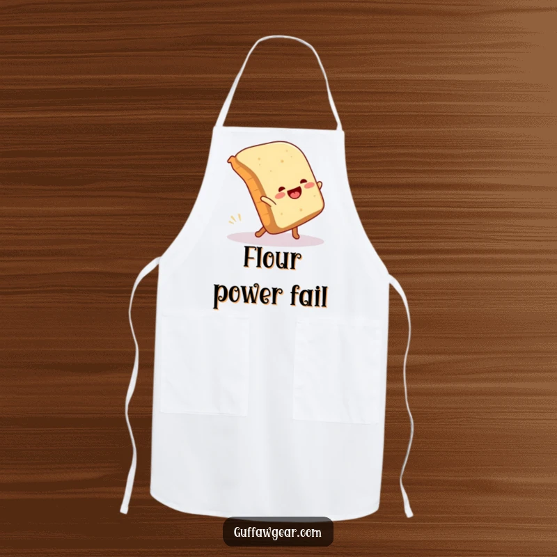 Funny apron illustrating a loaf of bread joyfully attempting a cartwheel and comically falling over, a humorous culinary accessory.
