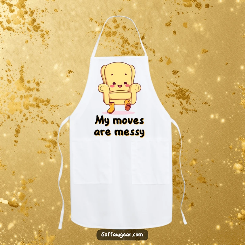 Funny apron featuring a joyful armchair character wearing boots and doing a clumsy jig, perfect for kitchen fun and cooking adventures.