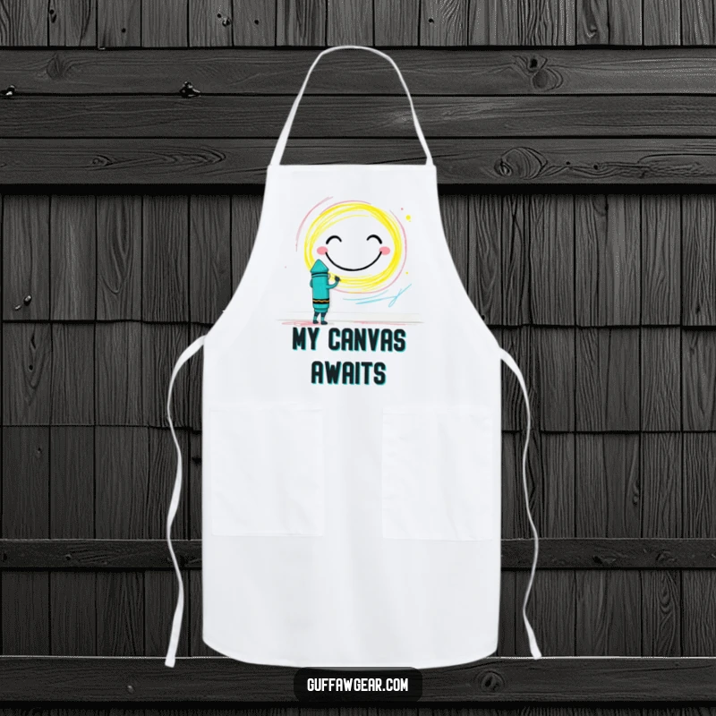 Funny Crayon Apron: A brave crayon character drawing a huge smiley face on a wall, perfect for kitchen creativity.
