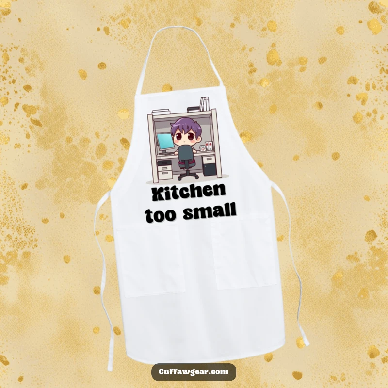 Funny cubicle chef apron, depicting a character cramped in a tiny space, ideal for adding humor while cooking or working.