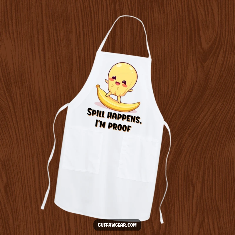 Funny apron showing a wobbly jelly character comically slipping on a tiny banana peel, ideal for kitchen protection and humor.