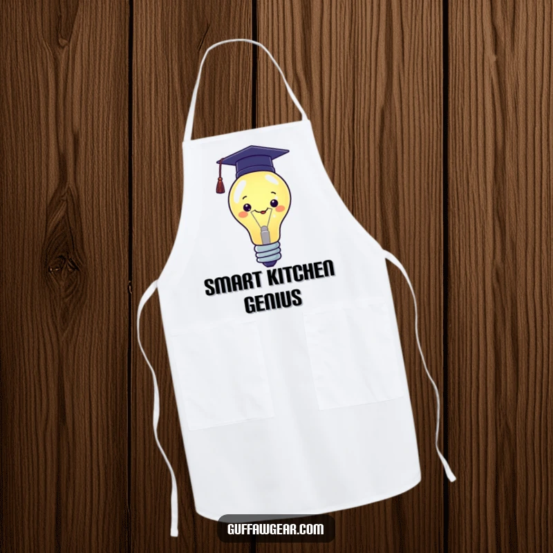 Funny Kawaii apron showing a proud lightbulb character wearing a graduation cap, great for kitchen fun.