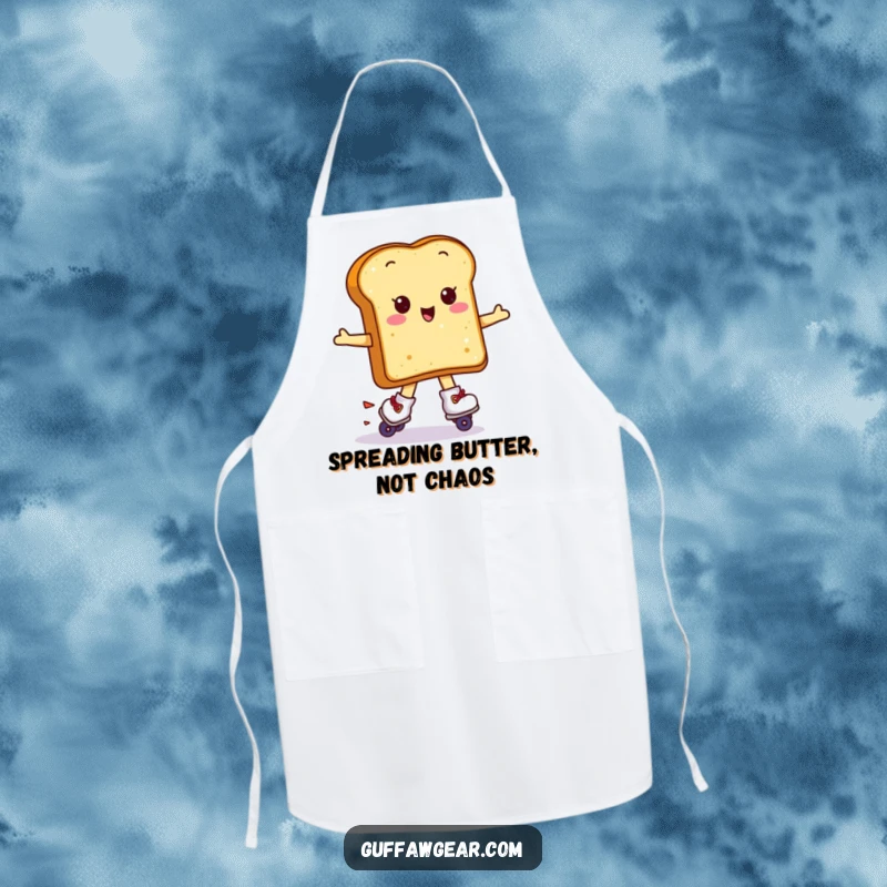 Funny Kawaii toast wearing roller skates attempting a spin, a humorous kitchen apron for cooking.