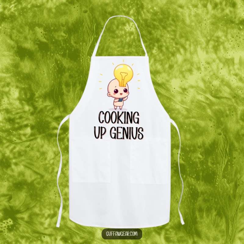 Funny lightbulb chef apron, featuring a character with a glowing lightbulb, inspiring culinary creativity and preparedness in the kitchen.