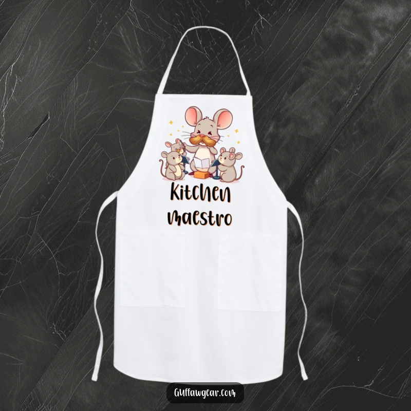 Funny Maestro Mouse Apron: A mouse with a large mustache comically conducts squeaky toys, perfect for humorous cooks protecting their clothes.