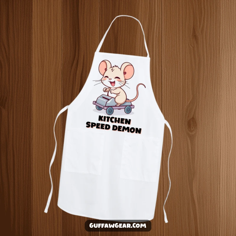 Funny Computer Mouse Apron: A giggling computer mouse riding a rolling mouse trap, perfect for kitchen antics.