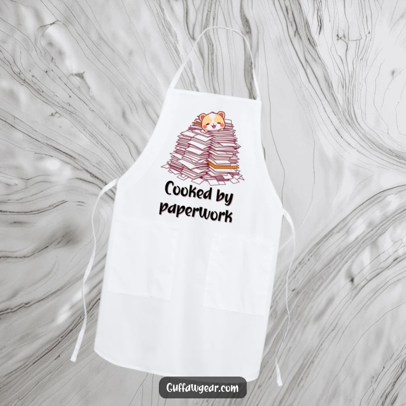 Funny apron featuring an animal character buried under a mountain of paperwork, a humorous design for kitchen warriors facing administrative tasks.
