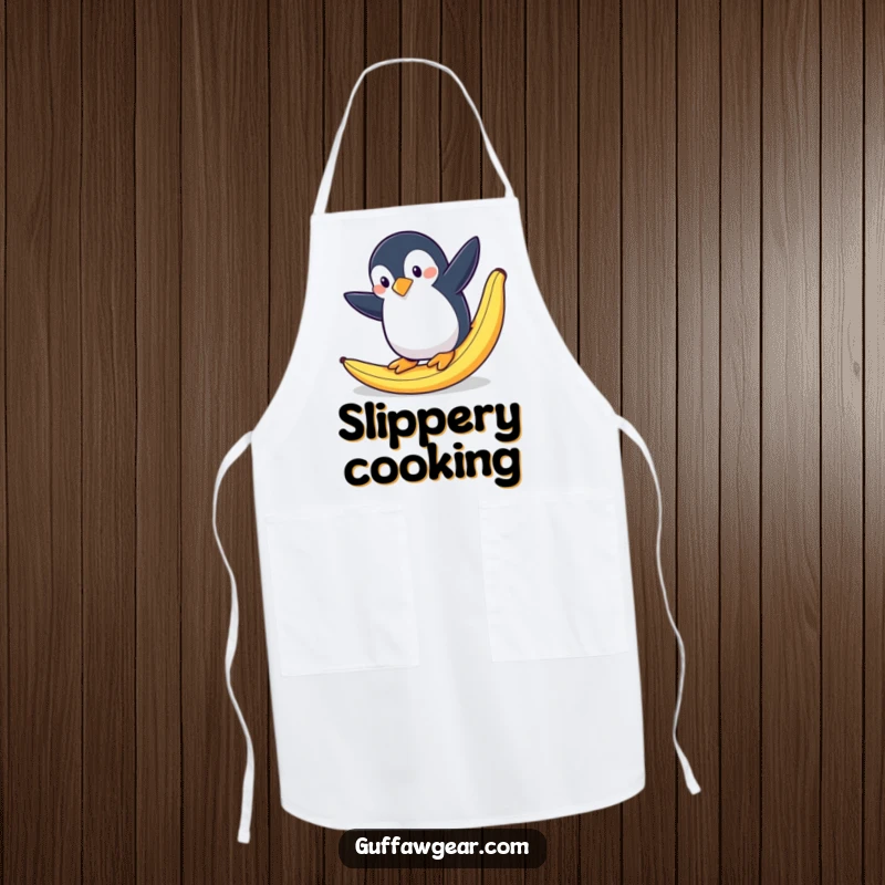 Funny apron showing a penguin dramatically slipping on a banana peel in a kitchen setting, adding humor to cooking.