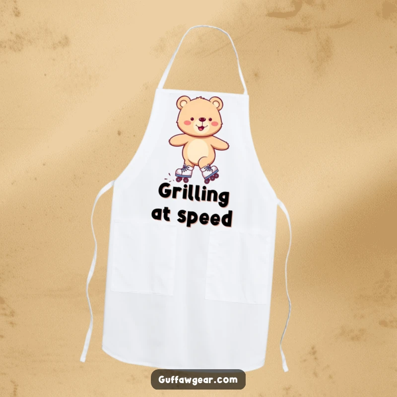 Funny apron with a smiling bear wearing roller skates, comically wobbling but happy, great for cooking.
