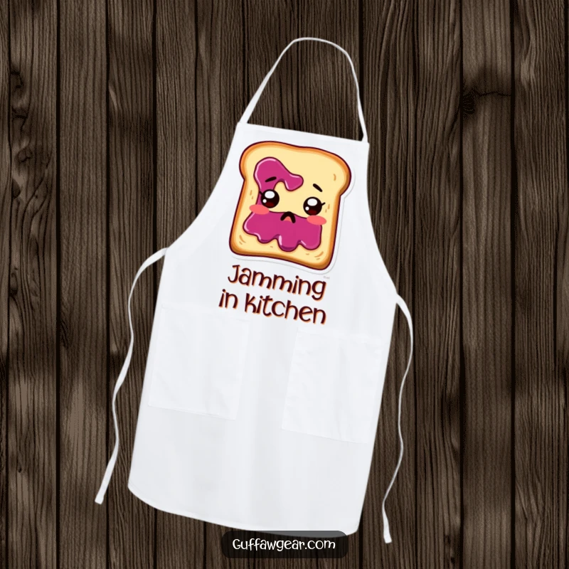 Funny toast with jam running down its face, looking startled, on a practical kitchen apron.