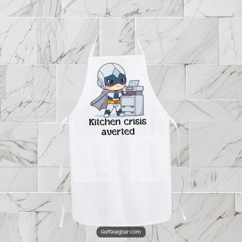 Funny apron featuring a superhero comically attempting to fix a printer, a humorous design for those who tackle tough jobs.