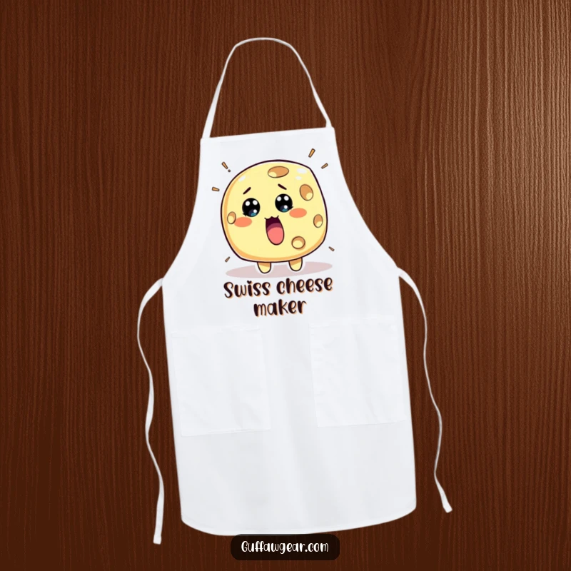 Funny Cheese Apron: A surprised piece of cheese character with holes rapidly appearing, perfect for humorous cooking.