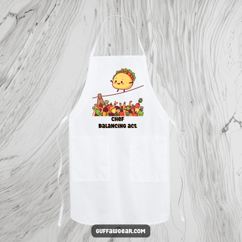 Funny Apron showing a smiling taco on a tightrope over cheering vegetables, great for a humorous chef.