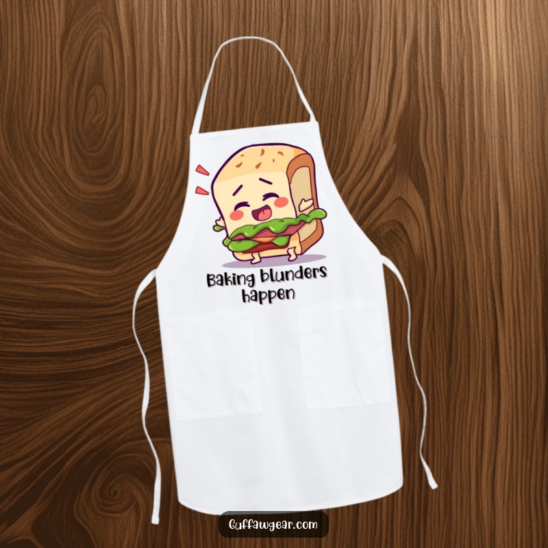 Funny apron with a talking sandwich character tripping over its crust, perfect for kitchen antics and food humor.