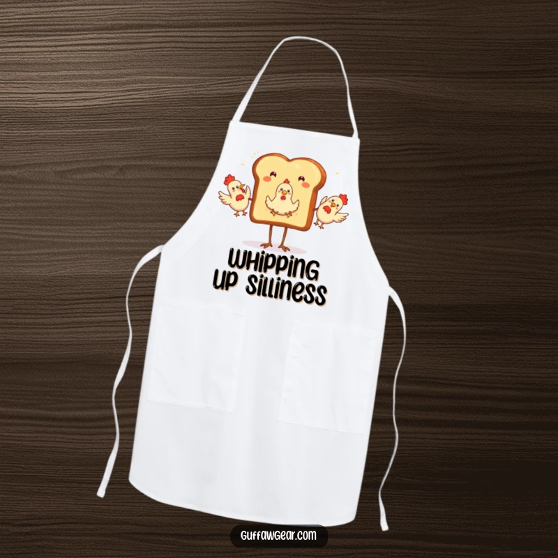 Funny Apron showing a toast slice with legs, energetically juggling rubber chickens, perfect for a cook who enjoys amusing kitchenware.