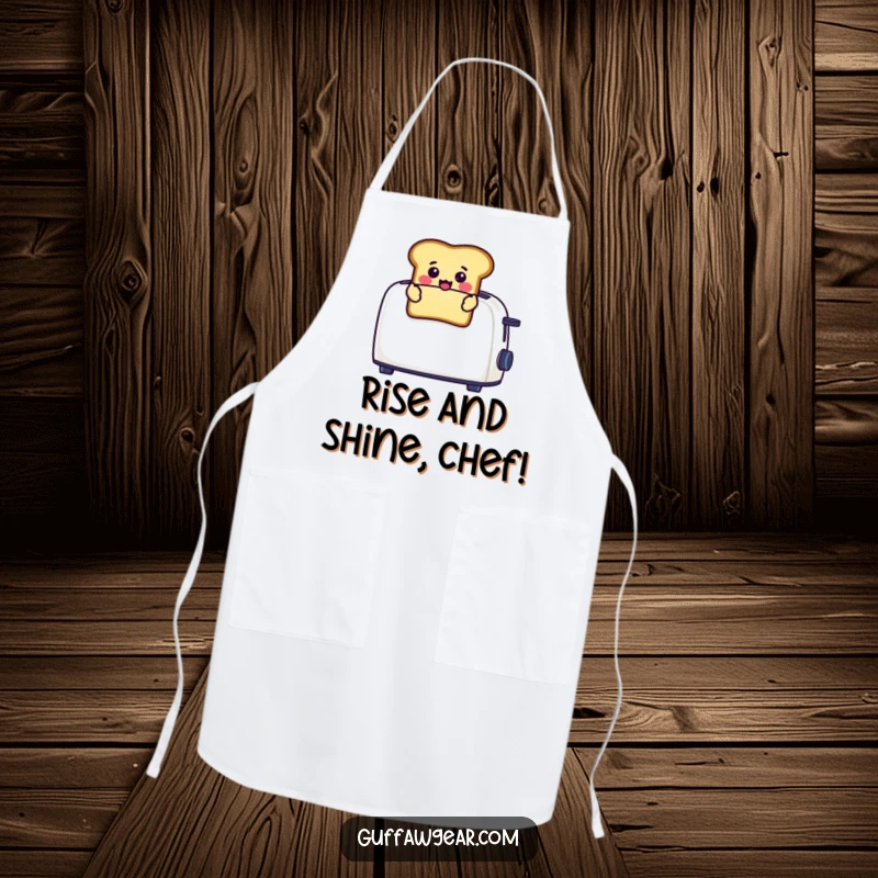Funny apron depicting a cheerful toast character popping out of a toaster with a surprised face, ideal for kitchen fun.