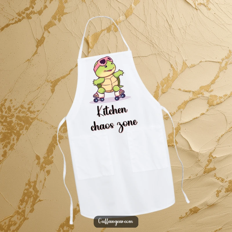 Funny Turtle Roller Skate Apron: A turtle comically slides on roller skates, perfect for humorous cooks protecting their clothes.