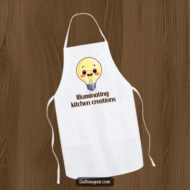 Funny apron with a beaming lightbulb character and an oversized filament, adding a humorous touch to cooking and creative endeavors.