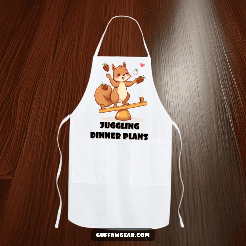 Funny apron showing a skilled squirrel juggling acorns while balancing on a teeter-totter, perfect for kitchen adventures.