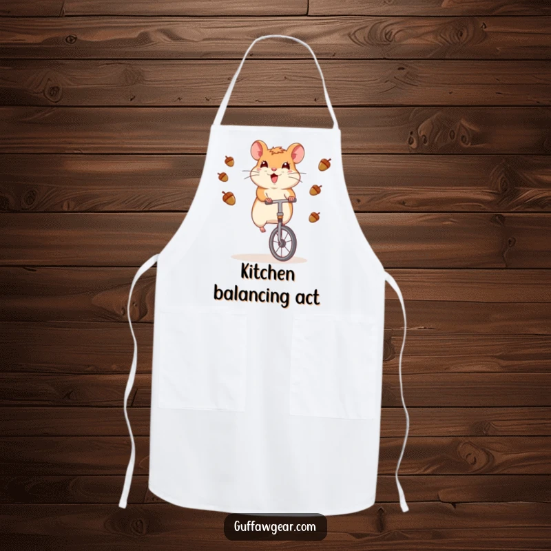 Funny Hamster Apron: A comical hamster rides a unicycle while juggling acorns, perfect for kitchen fun.