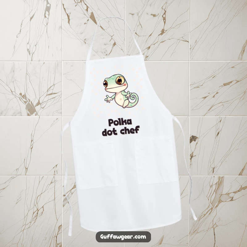 Funny Chameleon Blend Apron: A chameleon comically fails to match polka dots, perfect for humorous cooks protecting their clothes.