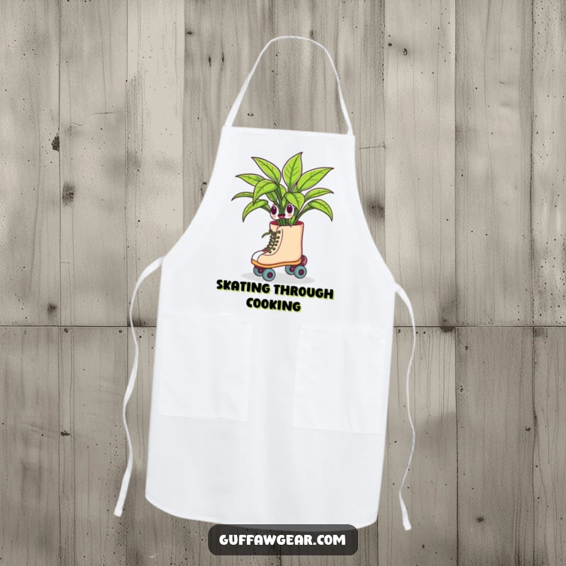 Funny apron showing a houseplant on roller skates, humorously swerving during a skating attempt, designed for cooks who love plants and jokes.