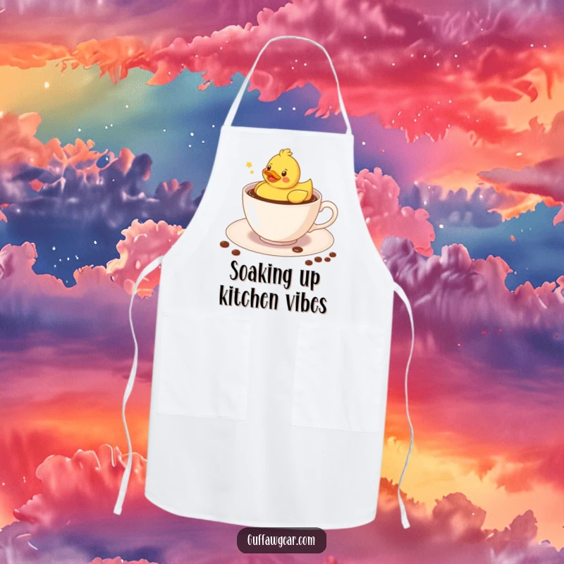 Funny Kawaii rubber duck floating merrily in a coffee-filled teacup, a humorous kitchen apron for cooking.