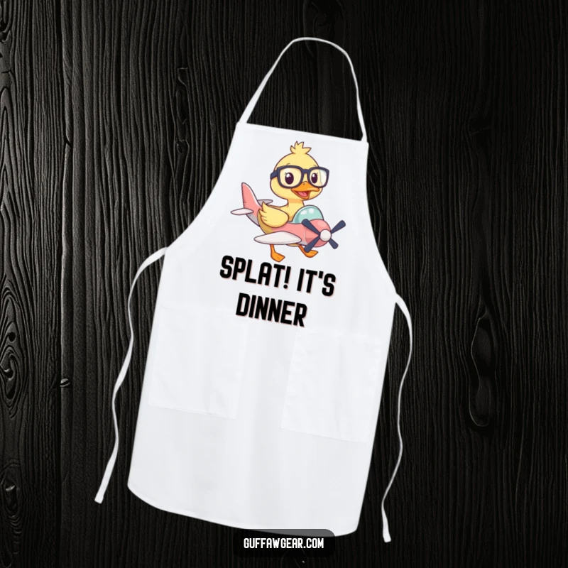 Funny apron with a duck wearing large glasses, comically piloting a small plane, great for cooking and aviation fans.