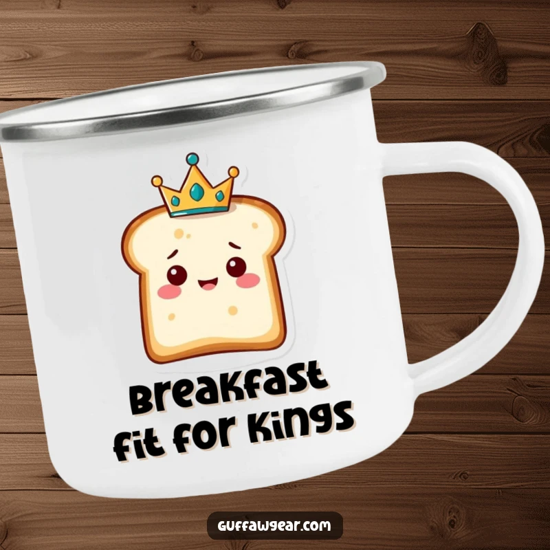 Funny camping mug with a delighted slice of bread character wearing a tiny crown, ideal for enjoying drinks during outdoor adventures.