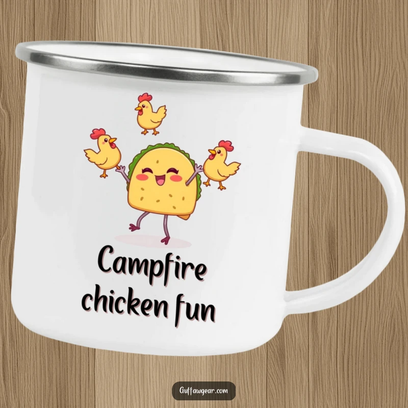 Funny enamel camping mug showing a taco character enthusiastically juggling rubber chickens during an outdoor scene, for festive sips.