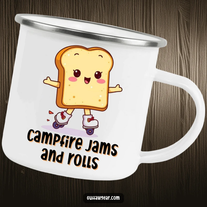 Funny Kawaii toast wearing roller skates attempting a spin, a durable enamel camping mug.