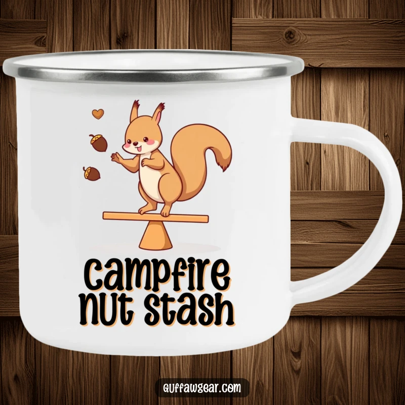 Funny camping mug with a squirrel juggling acorns while balancing on a teeter-totter, durable for outdoor excursions.