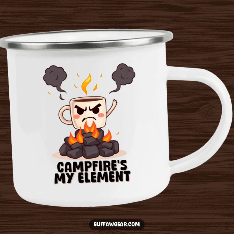 Funny camping mug with a grumpy coffee cup juggling hot coals, ideal for adding humor to outdoor excursions.