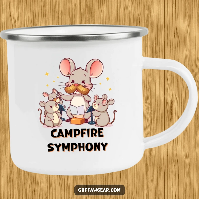 Funny Maestro Mouse Camping Mug: A mouse with a large mustache comically conducts squeaky toys, ideal for humorous outdoor adventures.