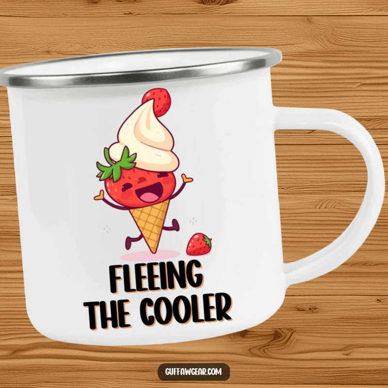 Funny camping mug showing a startled strawberry running from a laughing ice cream cone, designed for durability and bringing humorous dessert themes outdoors.