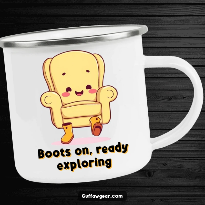 Funny camping mug showing a joyful armchair character wearing boots and doing a clumsy jig, ideal for outdoor sipping and humor.