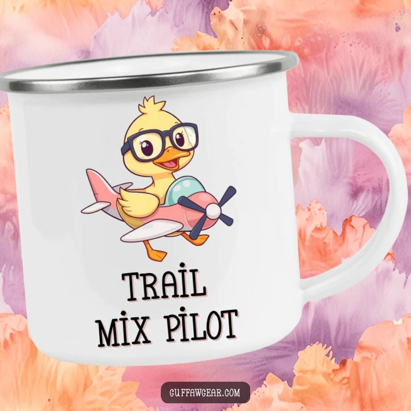 Funny camping mug with a duck wearing large glasses comically flying a tiny airplane, durable for outdoor adventures.