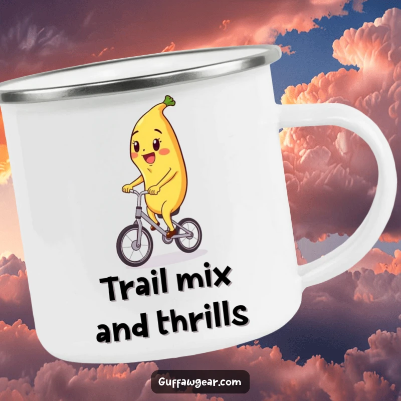 Funny camping mug showcasing a happy banana character riding a tiny unicycle, perfect for enjoying drinks during outdoor adventures.