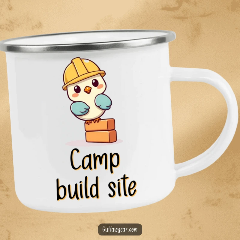 Funny Bird Builder Camping Mug: A bird in a tiny helmet balances a brick, ideal for humorous outdoor adventures and drinks.