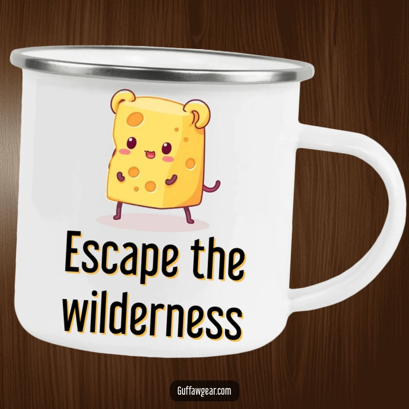 Funny camping mug depicting a piece of cheese with legs in a humorous escape from a tiny mouse trap, perfect for outdoor beverage enjoyment.