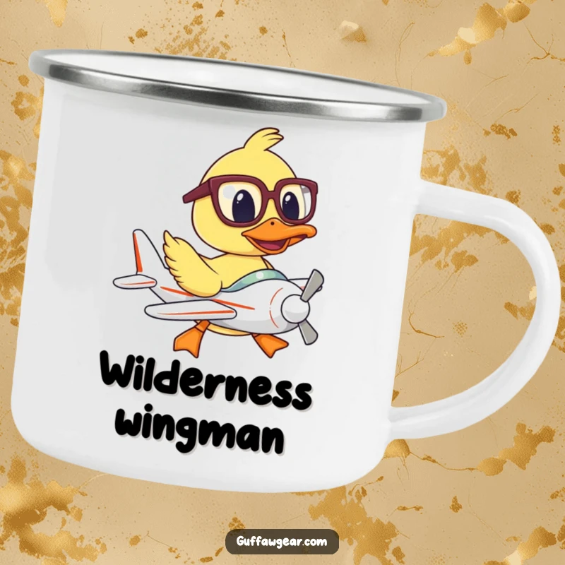 Funny enamel camping mug showing a duck pilot with oversized glasses, humorously battling a tiny plane in the wilderness.