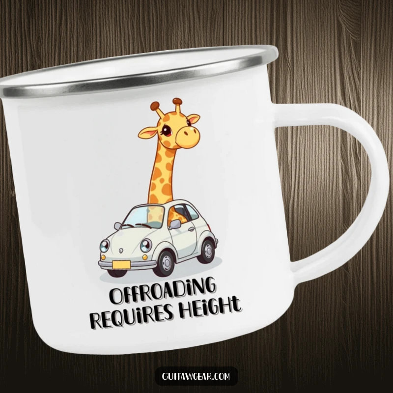 Funny camping mug with a giraffe awkwardly trying to fit into a tiny car, ideal for outdoor lovers who enjoy humor.