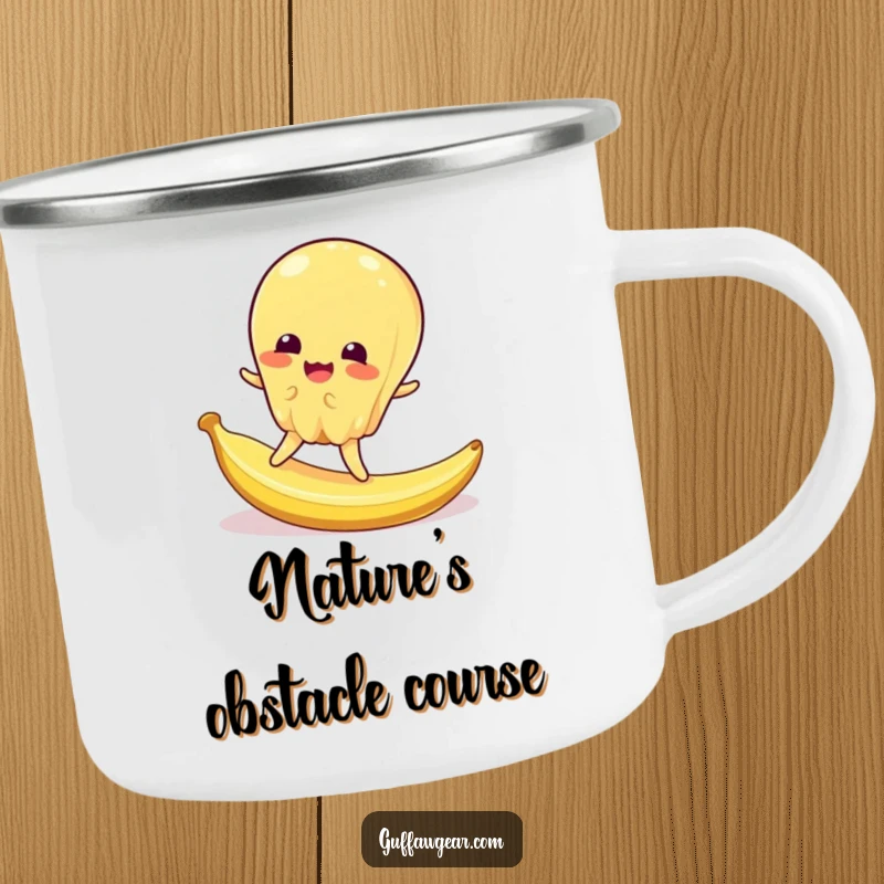 Funny enamel camping mug showing a wobbly jelly character comically slipping on a tiny banana peel, perfect for rugged laughs.