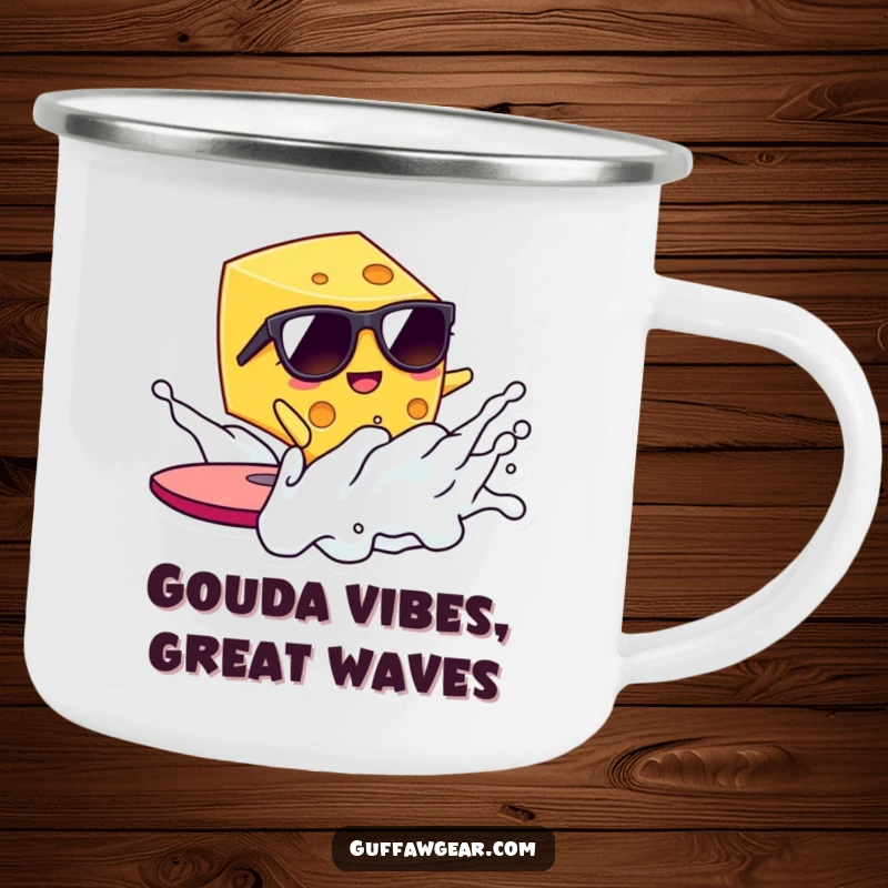 Funny Kawaii cheese surfer on a milk wave, a durable enamel camping mug for outdoor adventures.