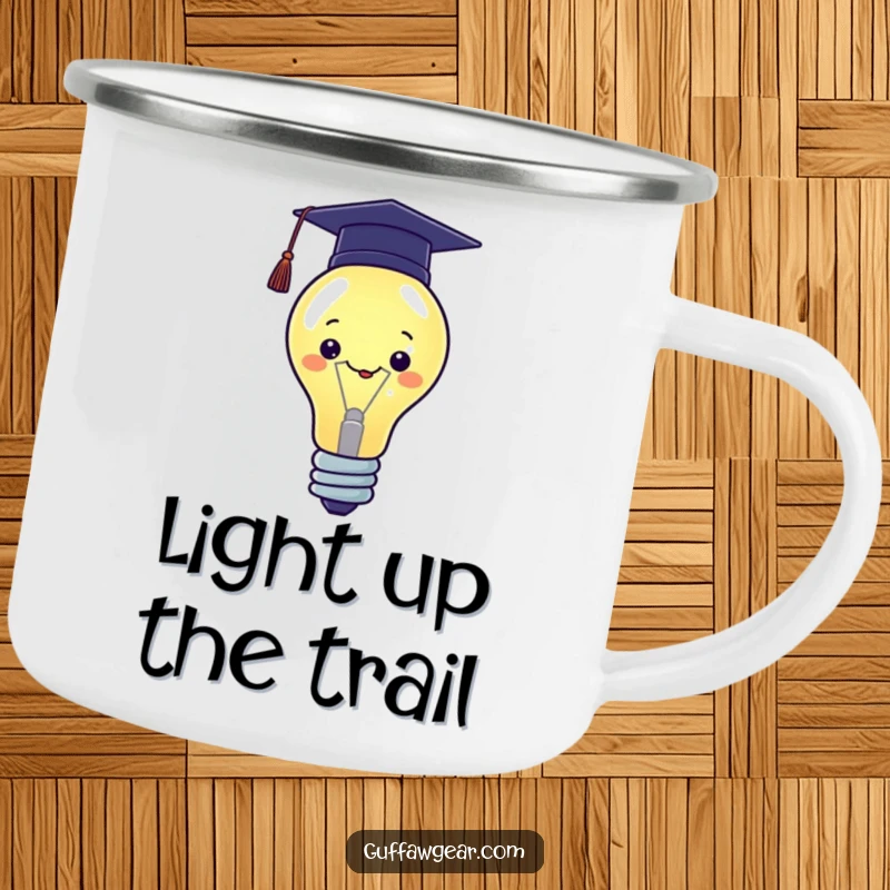 Funny Kawaii camping mug featuring a proud lightbulb character with a graduation cap, for smart outdoor enjoyment.